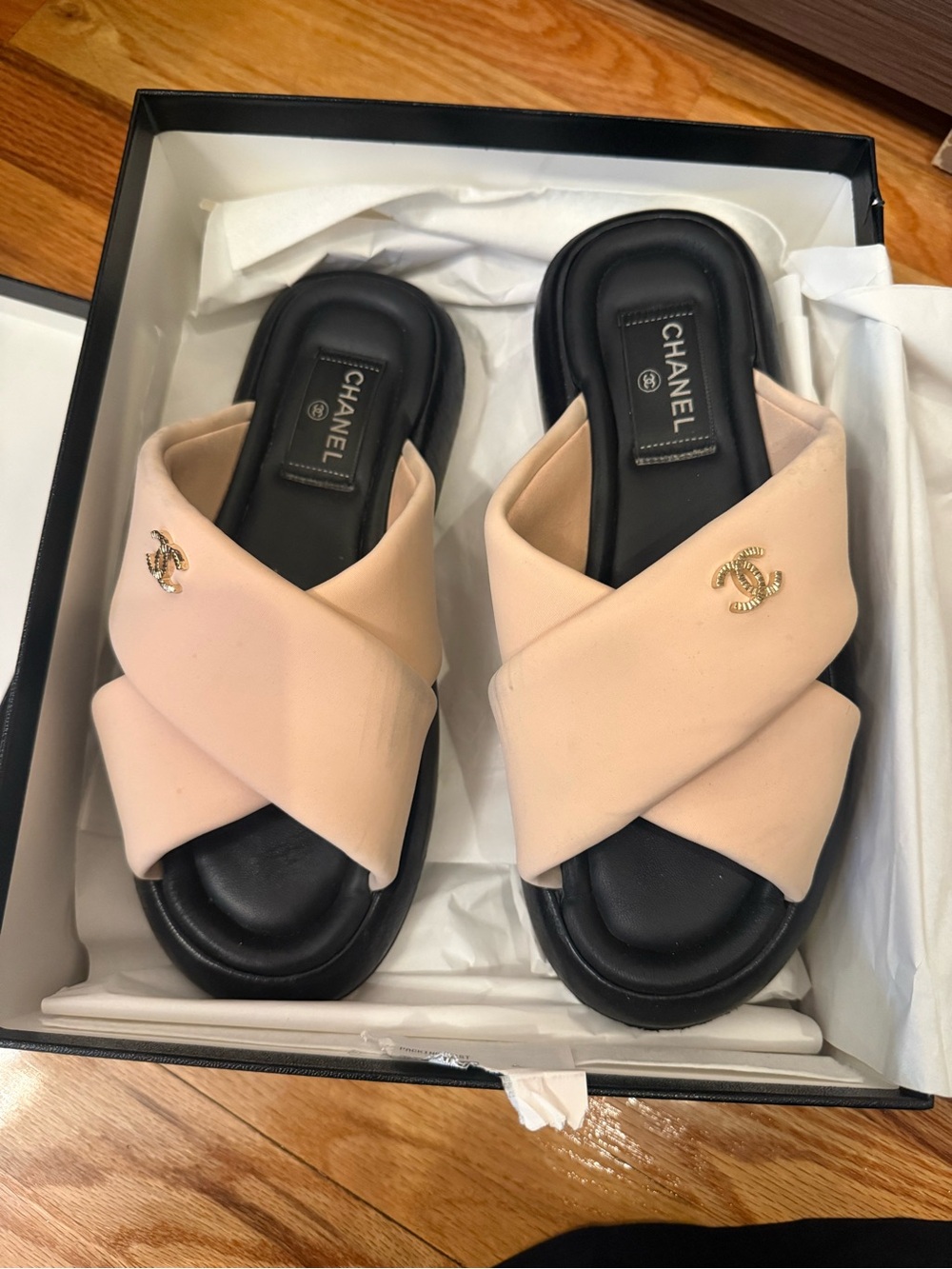 CHANEL Blush Crisscross Leather Slide Sandals with Gold CC
